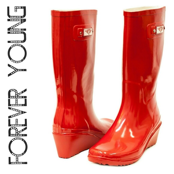 Women's Rainboots, Rubber Tall Wedge Rain Boots, #3100, Red - Picture 1 of 3